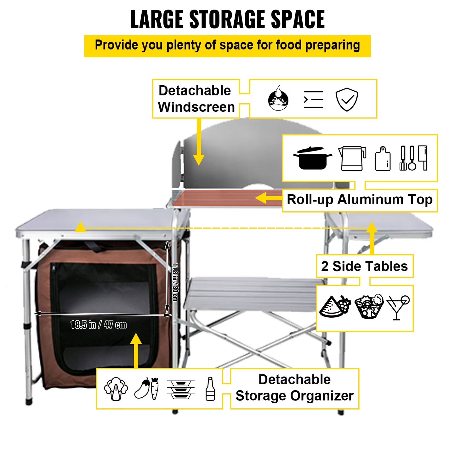 Portable Folding Cook Table for BBQ, Party, Camping, Brown Color, Outdoor Camp Table 2-Tier, Camping Kitchen Table with Zippered Bag