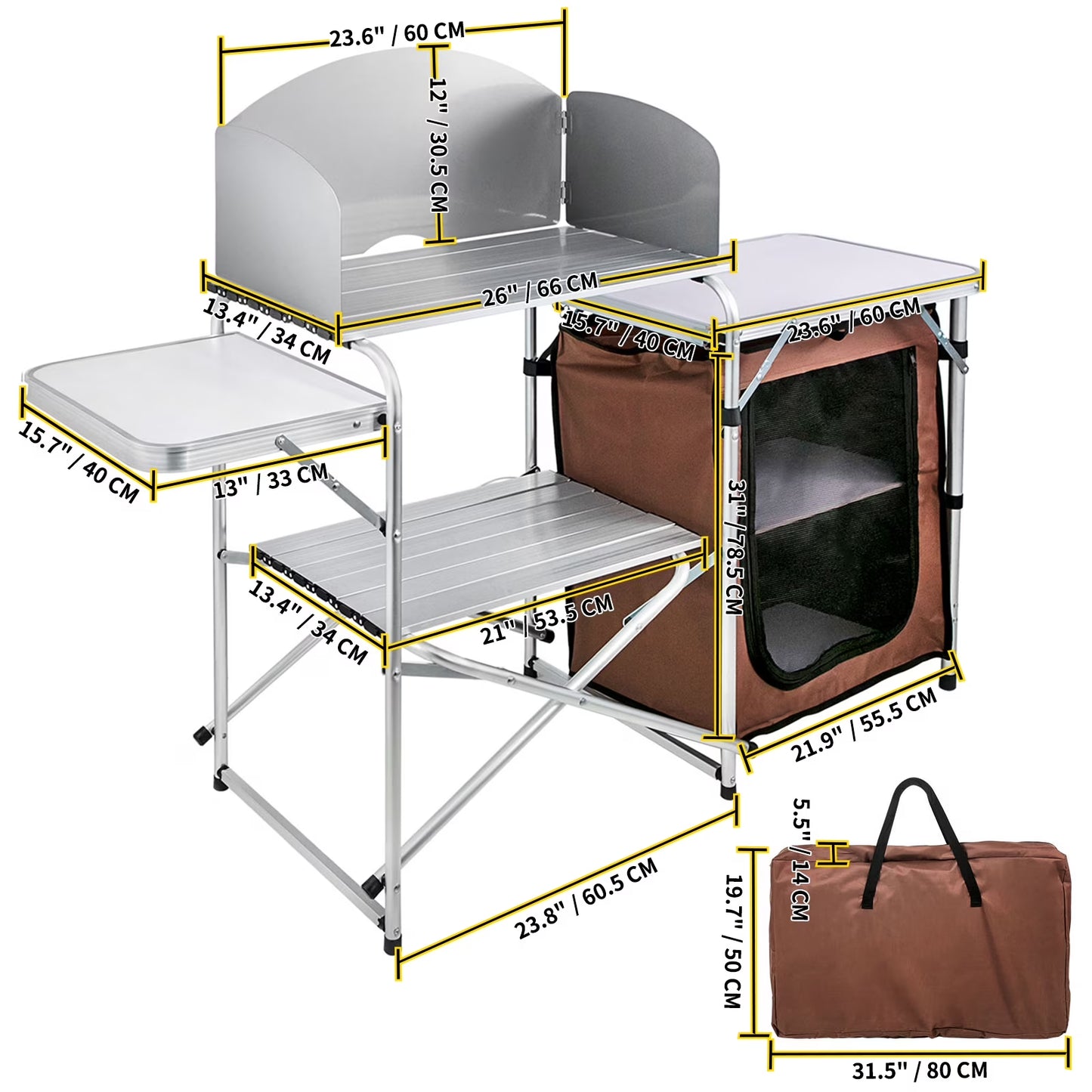 Portable Folding Cook Table for BBQ, Party, Camping, Brown Color, Outdoor Camp Table 2-Tier, Camping Kitchen Table with Zippered Bag