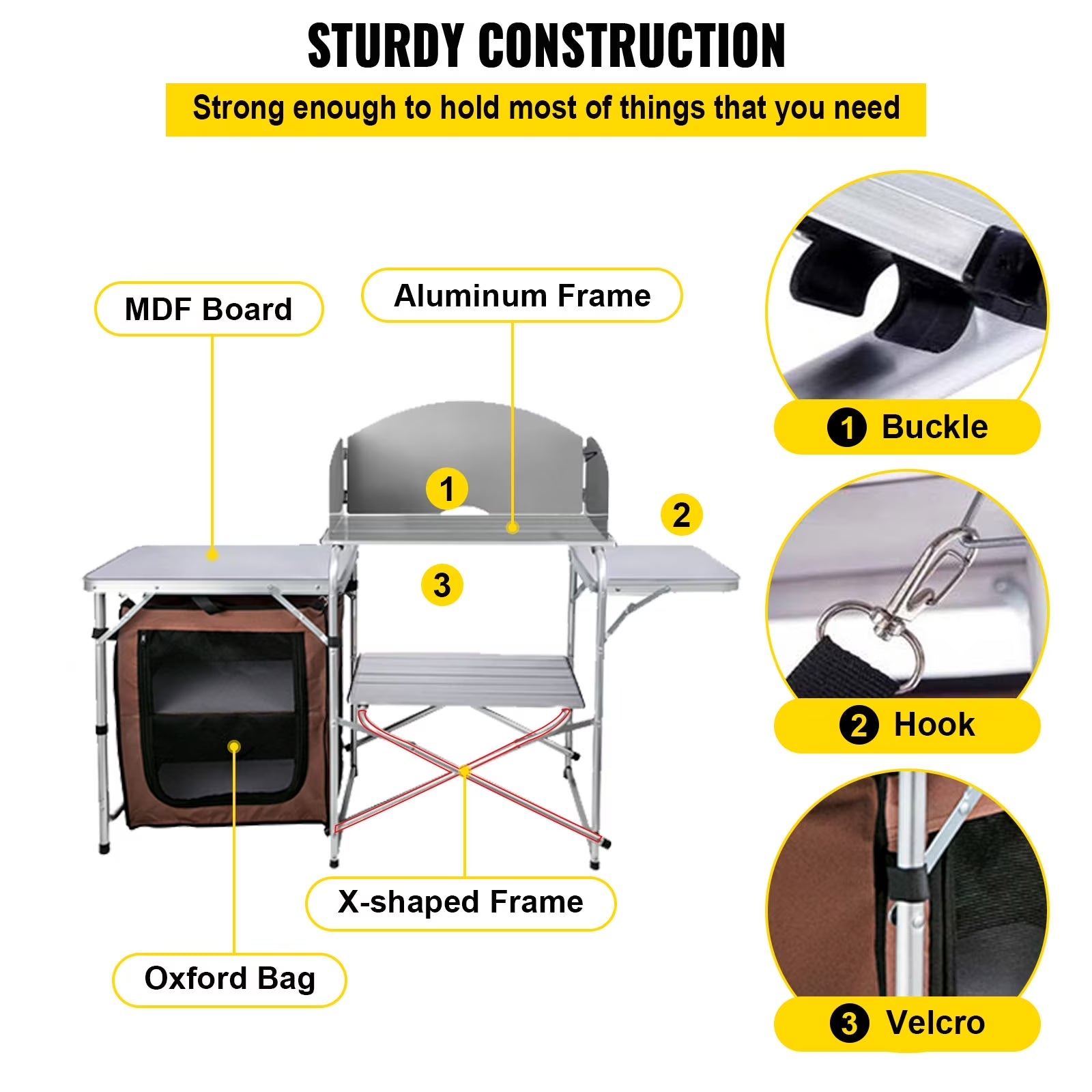 Portable Folding Cook Table for BBQ, Party, Camping, Brown Color, Outdoor Camp Table 2-Tier, Camping Kitchen Table with Zippered Bag