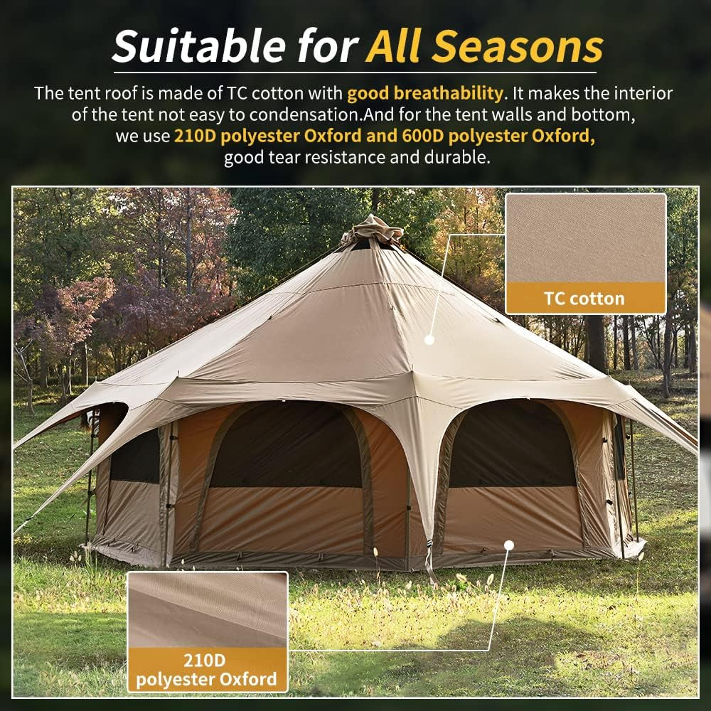 TOMOUNT Canvas Tent Bell Tent 16.4Ft*9.2Ft with Stove Jack for Glamping Family Camping Zipped Removable Floor