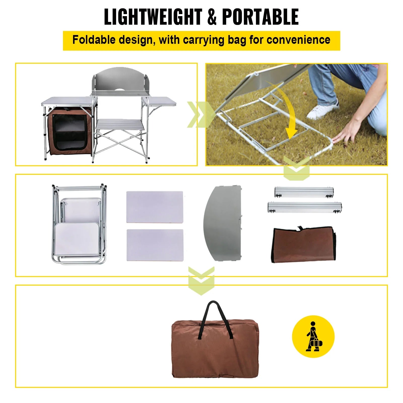 Portable Folding Cook Table for BBQ, Party, Camping, Brown Color, Outdoor Camp Table 2-Tier, Camping Kitchen Table with Zippered Bag