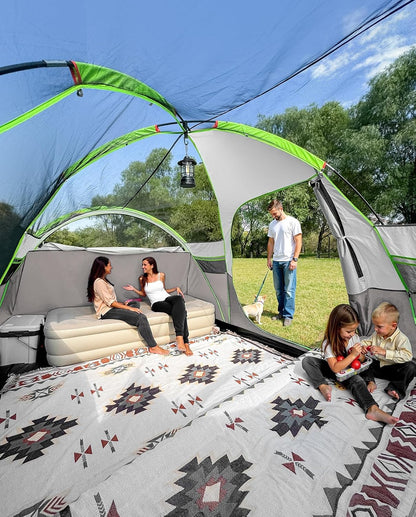 8 Person Larger Extended Dome Camping Tent with 3 Rooms, Waterproof Semi-Freestanding Family Outdoor Tent with Spacious Interior and Mesh Windows