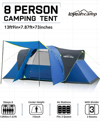 8 Person Larger Extended Dome Camping Tent with 3 Rooms, Waterproof Semi-Freestanding Family Outdoor Tent with Spacious Interior and Mesh Windows