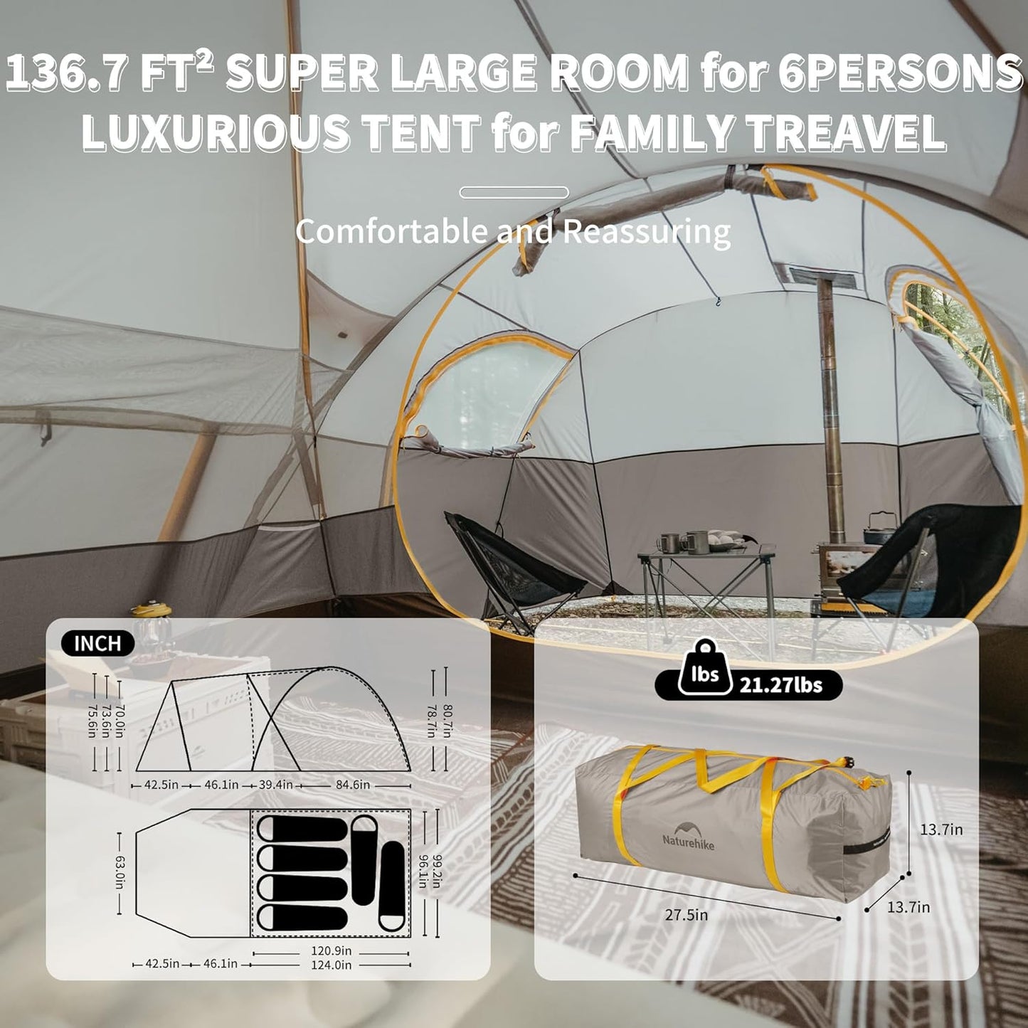 KOTA 4/6/8 Person Camping Tent, Double Layer Waterproof 4 Person 6 Person 8 Person Tents for Camping, Large and Tall Family Tent with Vestibules Porch
