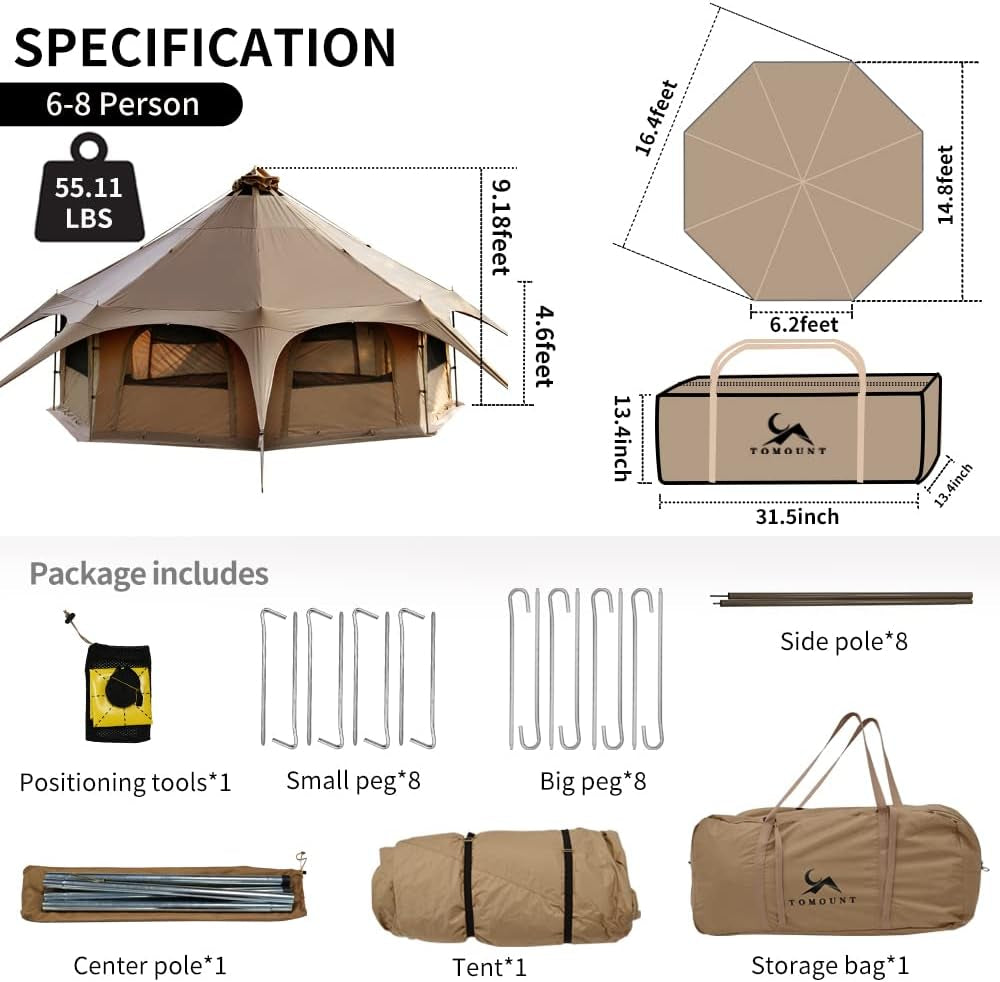 TOMOUNT Canvas Tent Bell Tent 16.4Ft*9.2Ft with Stove Jack for Glamping Family Camping Zipped Removable Floor