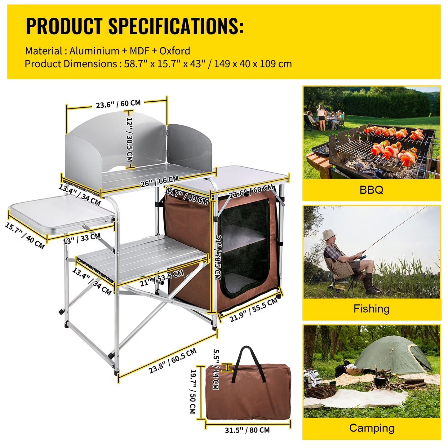 Portable Folding Cook Table for BBQ, Party, Camping, Brown Color, Outdoor Camp Table 2-Tier, Camping Kitchen Table with Zippered Bag