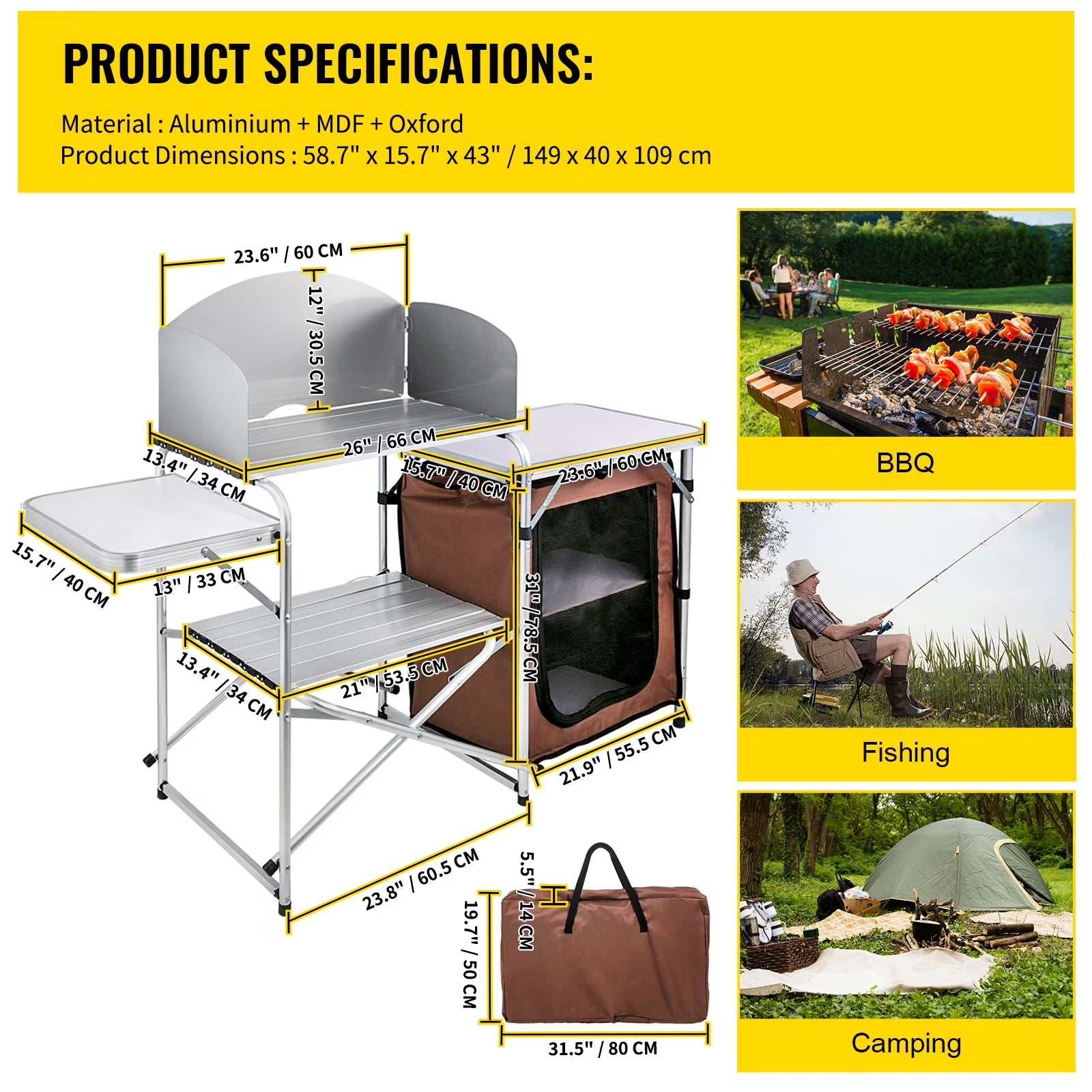 Portable Folding Cook Table for BBQ, Party, Camping, Brown Color, Outdoor Camp Table 2-Tier, Camping Kitchen Table with Zippered Bag