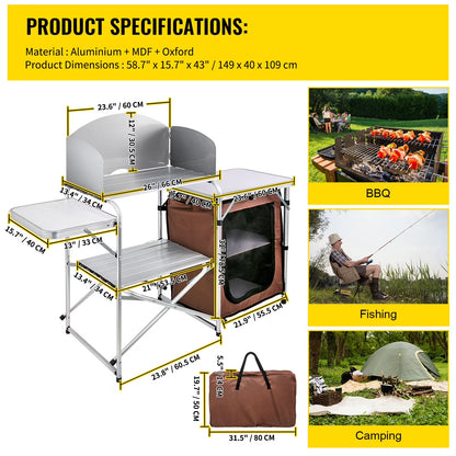 Portable Folding Cook Table for BBQ, Party, Camping, Brown Color, Outdoor Camp Table 2-Tier, Camping Kitchen Table with Zippered Bag