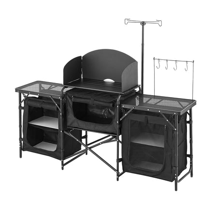 Outdoor Cooking Station, Portable Camp Kitchen Table, Constructed from Aluminum with Three Storage Cabinets, Comes with a Carrying Bag, Removable Wind Guard, Swift Assembly for BBQ Gatherings
