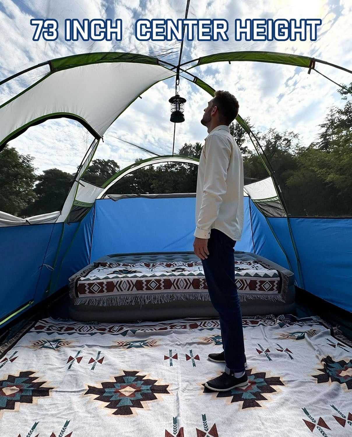 8 Person Larger Extended Dome Camping Tent with 3 Rooms, Waterproof Semi-Freestanding Family Outdoor Tent with Spacious Interior and Mesh Windows