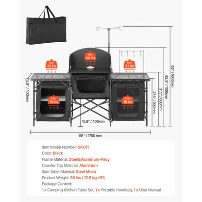 Outdoor Cooking Station, Portable Camp Kitchen Table, Constructed from Aluminum with Three Storage Cabinets, Comes with a Carrying Bag, Removable Wind Guard, Swift Assembly for BBQ Gatherings
