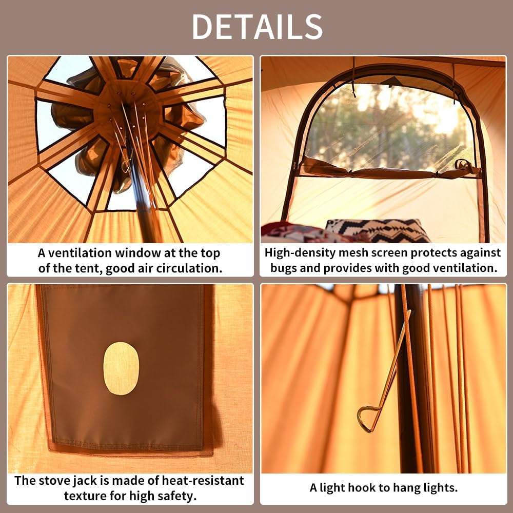 TOMOUNT Canvas Tent Bell Tent 16.4Ft*9.2Ft with Stove Jack for Glamping Family Camping Zipped Removable Floor