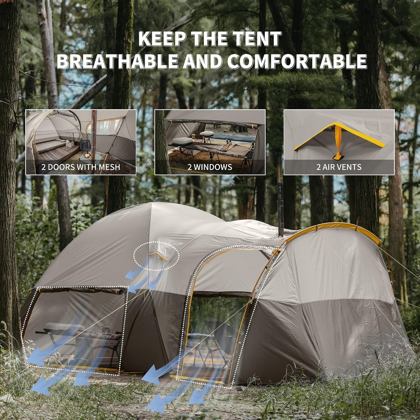 KOTA 4/6/8 Person Camping Tent, Double Layer Waterproof 4 Person 6 Person 8 Person Tents for Camping, Large and Tall Family Tent with Vestibules Porch