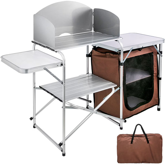 Portable Folding Cook Table for BBQ, Party, Camping, Brown Color, Outdoor Camp Table 2-Tier, Camping Kitchen Table with Zippered Bag
