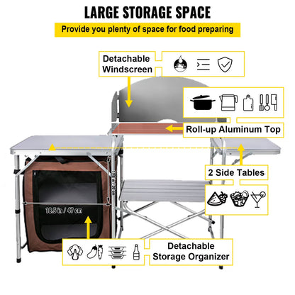 Portable Folding Cook Table for BBQ, Party, Camping, Brown Color, Outdoor Camp Table 2-Tier, Camping Kitchen Table with Zippered Bag