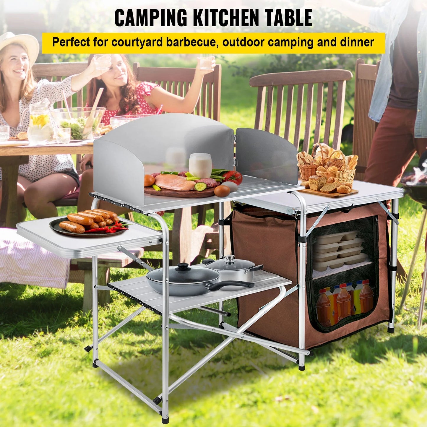 Portable Folding Cook Table for BBQ, Party, Camping, Brown Color, Outdoor Camp Table 2-Tier, Camping Kitchen Table with Zippered Bag