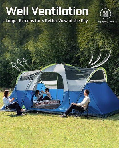 8 Person Larger Extended Dome Camping Tent with 3 Rooms, Waterproof Semi-Freestanding Family Outdoor Tent with Spacious Interior and Mesh Windows